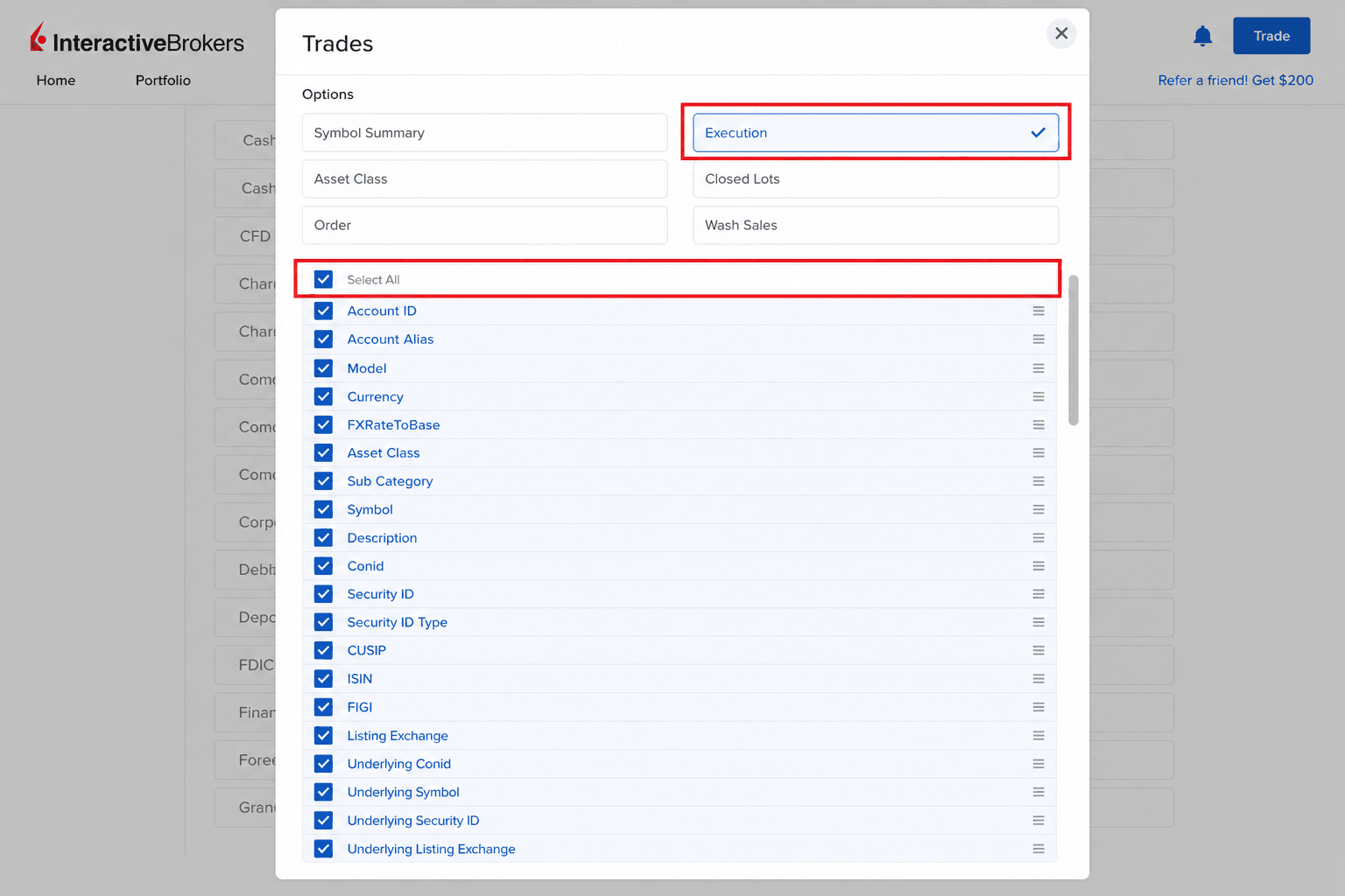Creating an IBKR Activity Flex Query for trade executions