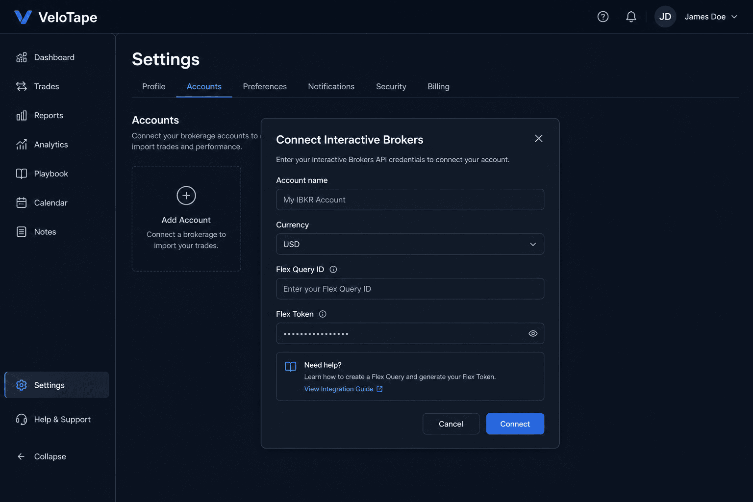 VeloTape Settings broker sync form for Interactive Brokers