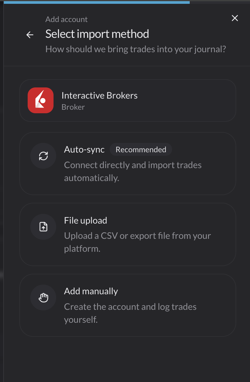 Panel de importación de VeloTape con sync de bróker y CSV